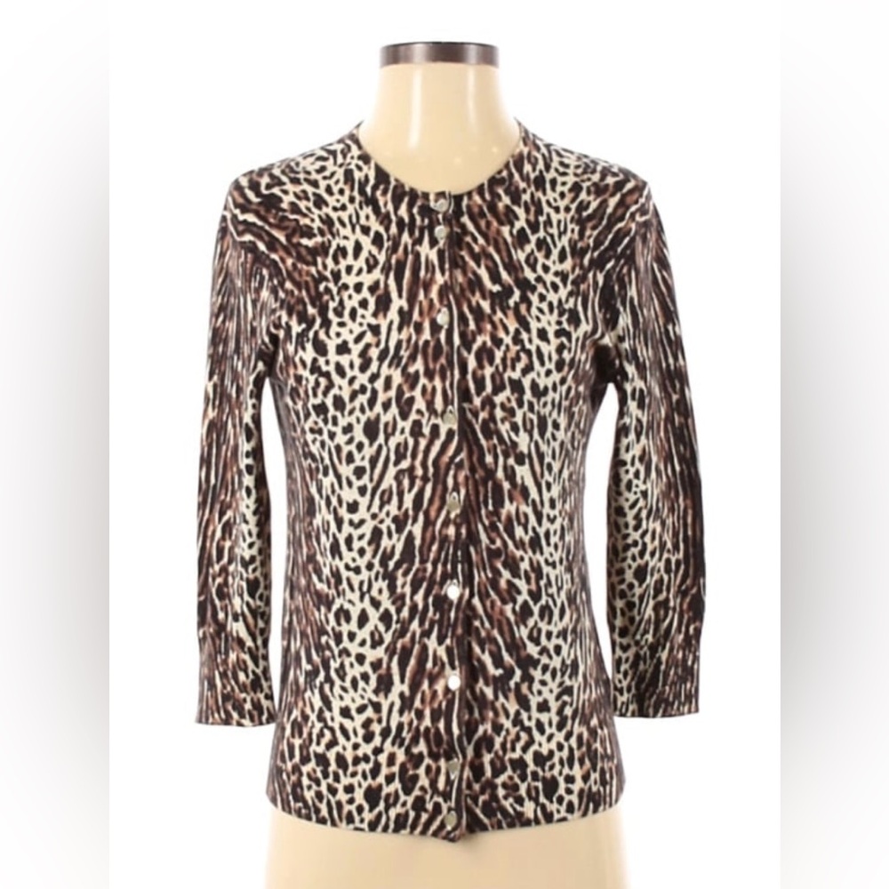 J.Crew Merino Wool Button Front Leopard Print Sweater M